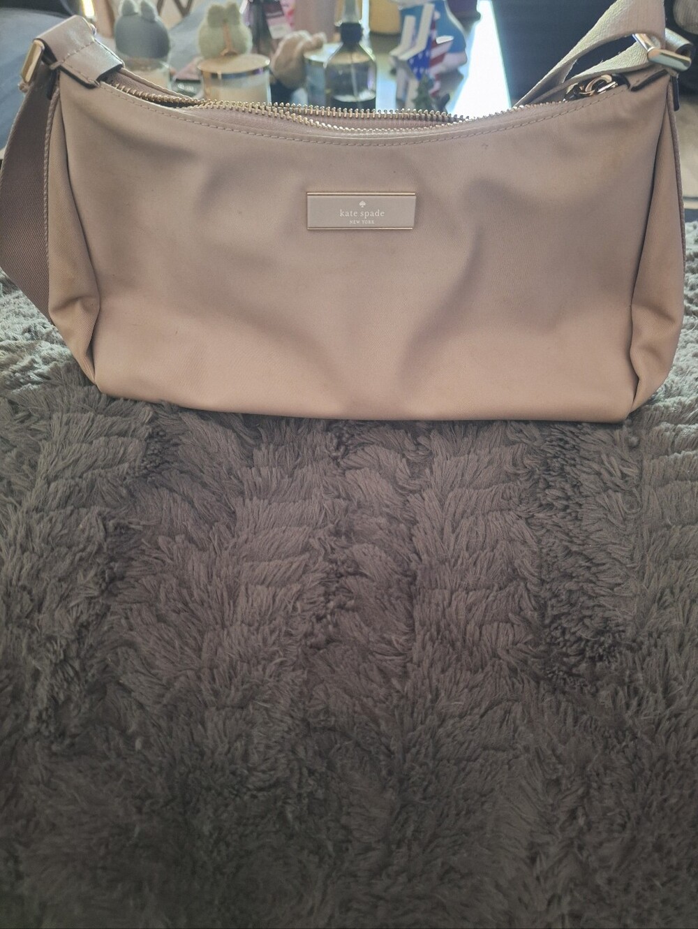 kate spade taupe shoulder bag with gold plaque
